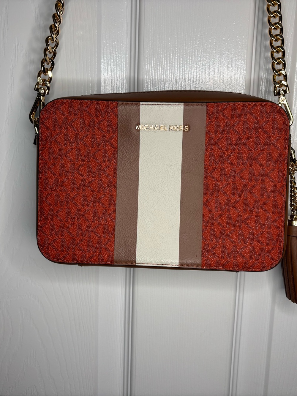 Michael Kors burnt orange & Cream Stripe Crossbody with Brown Trim & Gold Chain
